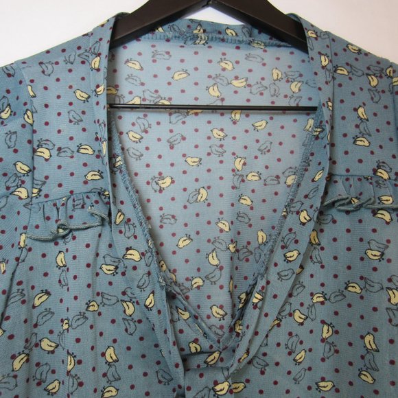 Bird Print Sheer Flutter Sleeve Tie Neck Blouse - Picture 3 of 7